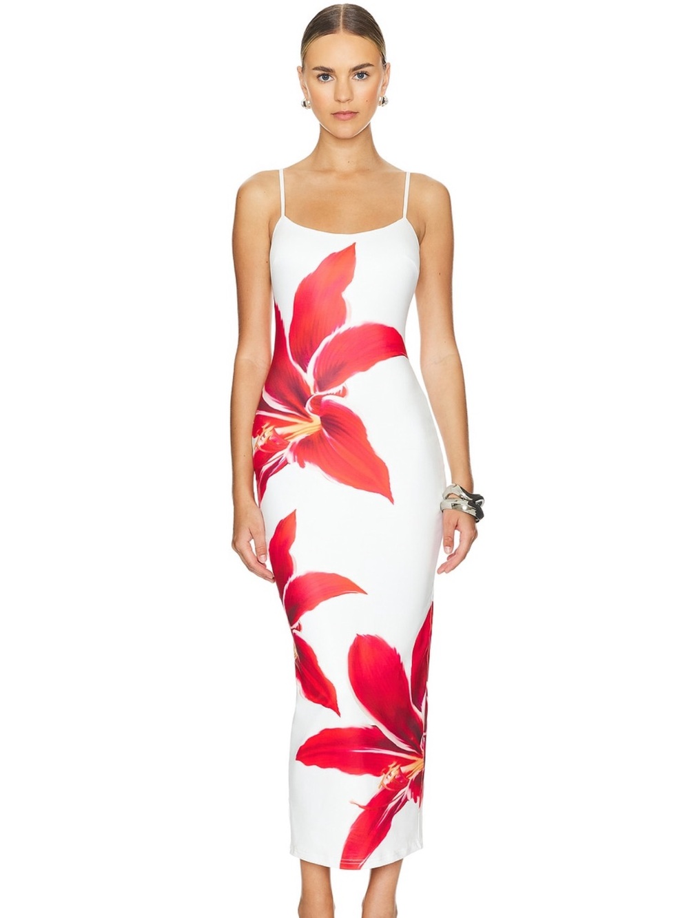 Runaway the label White Maxi Slip Dress with Red Floral Motif